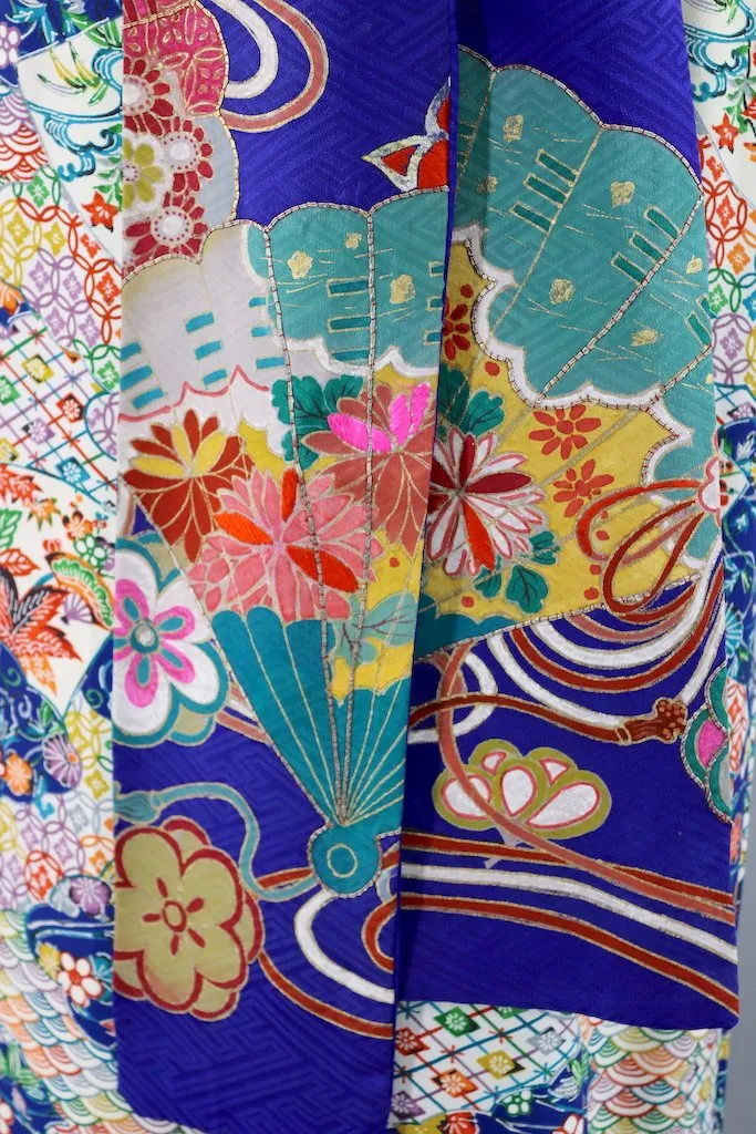 Vintage Blue Rainbow Silk Kimono Robe