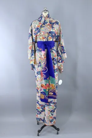 Vintage Blue Rainbow Silk Kimono Robe