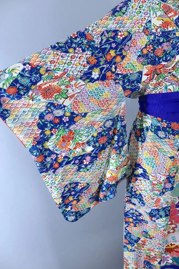Vintage Blue Rainbow Silk Kimono Robe