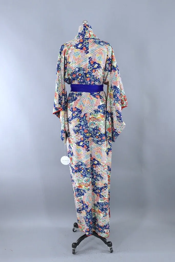 Vintage Blue Rainbow Silk Kimono Robe