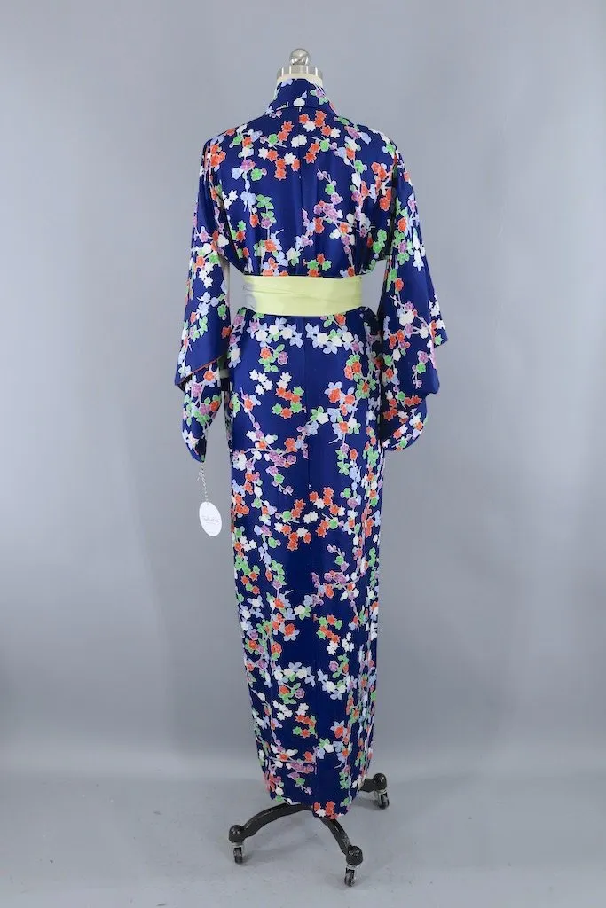 Vintage Blue Shibori Floral Kimono Robe