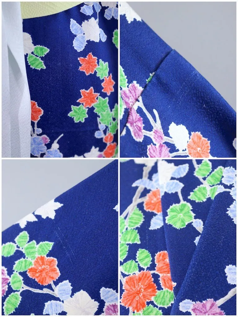 Vintage Blue Shibori Floral Kimono Robe