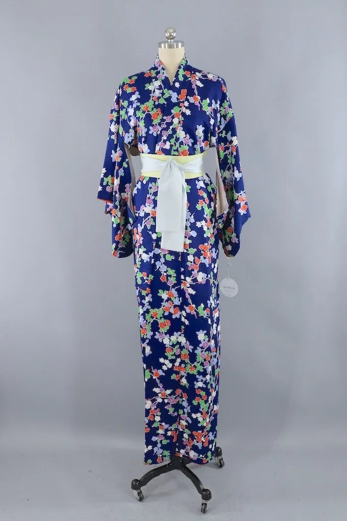 Vintage Blue Shibori Floral Kimono Robe