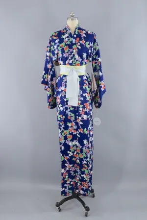Vintage Blue Shibori Floral Kimono Robe
