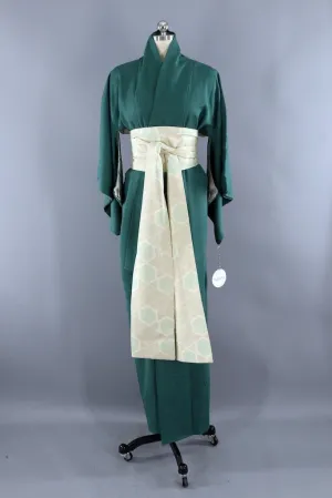 Vintage Forest Green Silk Kimono Robe