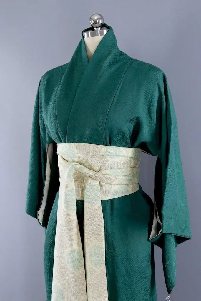 Vintage Forest Green Silk Kimono Robe