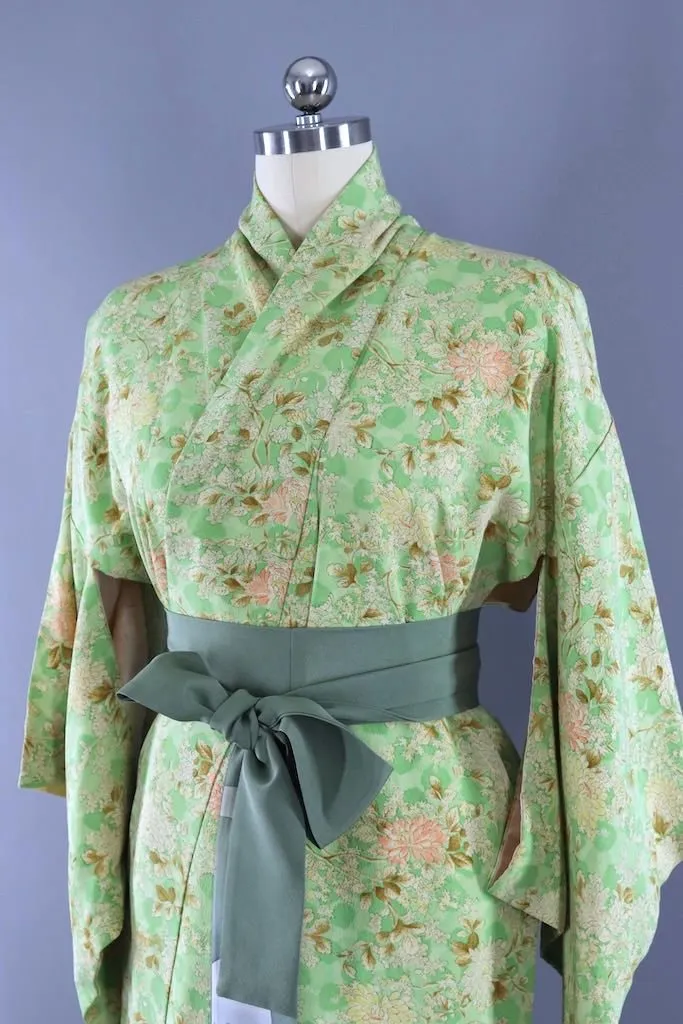Vintage Green Floral Silk Kimono Robe