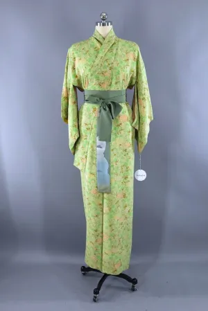 Vintage Green Floral Silk Kimono Robe