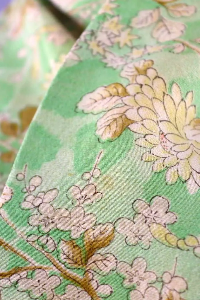 Vintage Green Floral Silk Kimono Robe