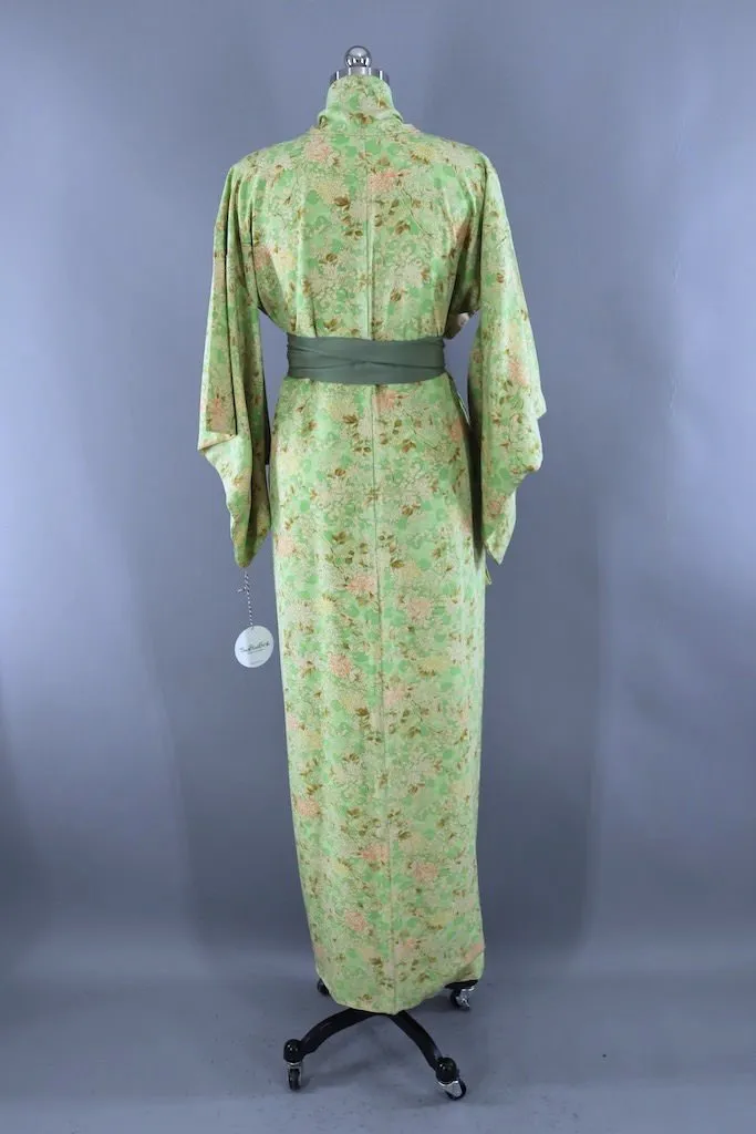 Vintage Green Floral Silk Kimono Robe