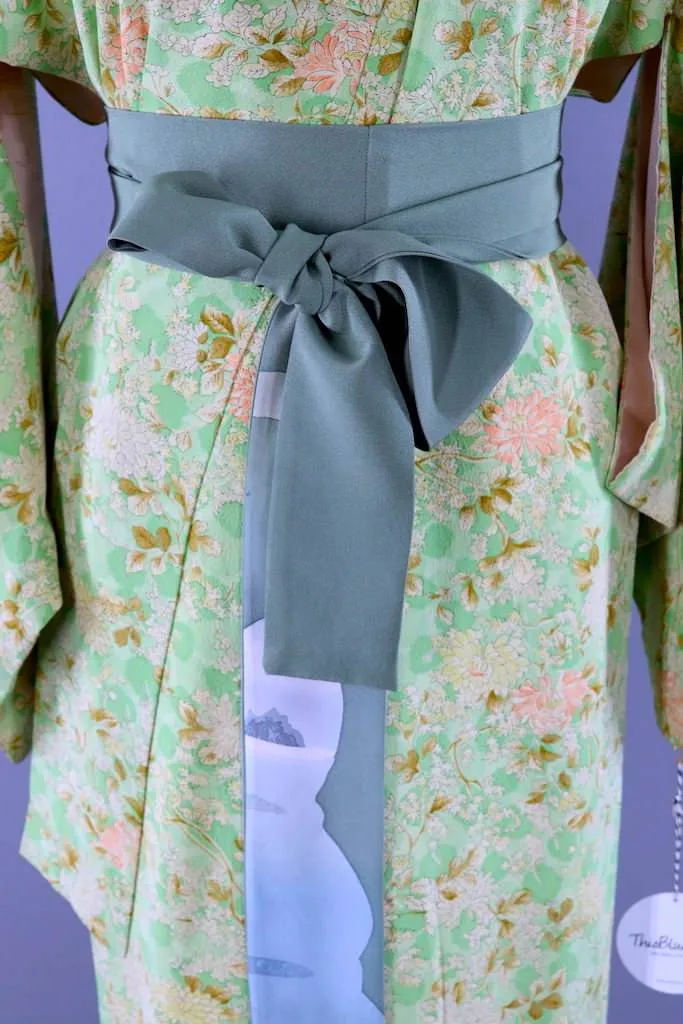 Vintage Green Floral Silk Kimono Robe