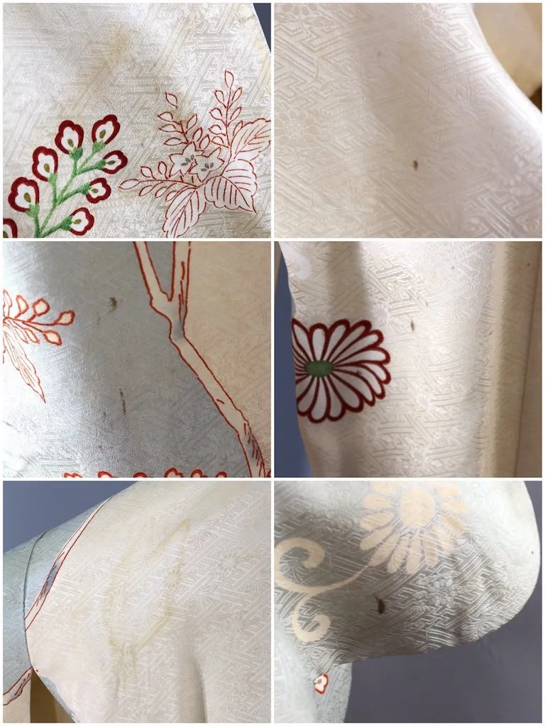 Vintage Ivory & Blue Embroidered Silk Kimono