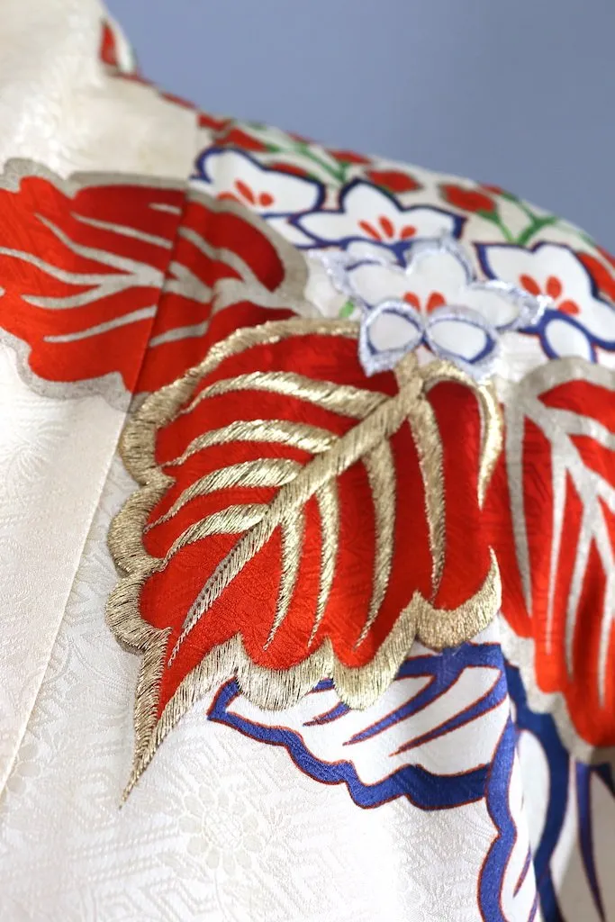 Vintage Ivory & Blue Embroidered Silk Kimono