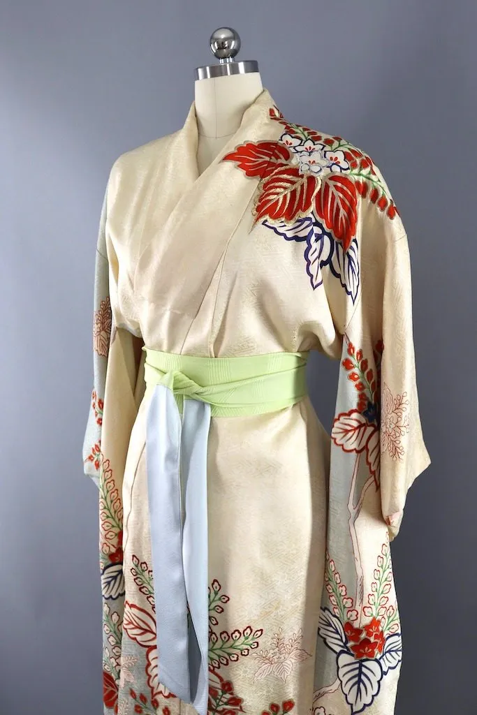 Vintage Ivory & Blue Embroidered Silk Kimono