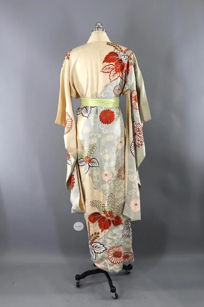 Vintage Ivory & Blue Embroidered Silk Kimono