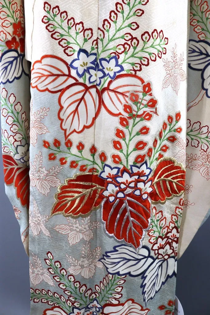Vintage Ivory & Blue Embroidered Silk Kimono