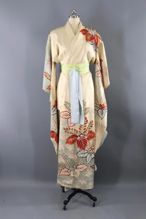 Vintage Ivory & Blue Embroidered Silk Kimono
