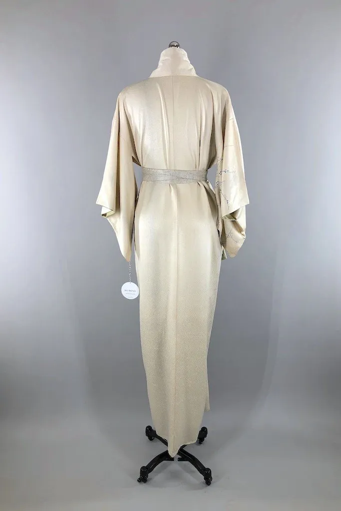 Vintage Ivory Embroidered Phoenix Silk Kimono