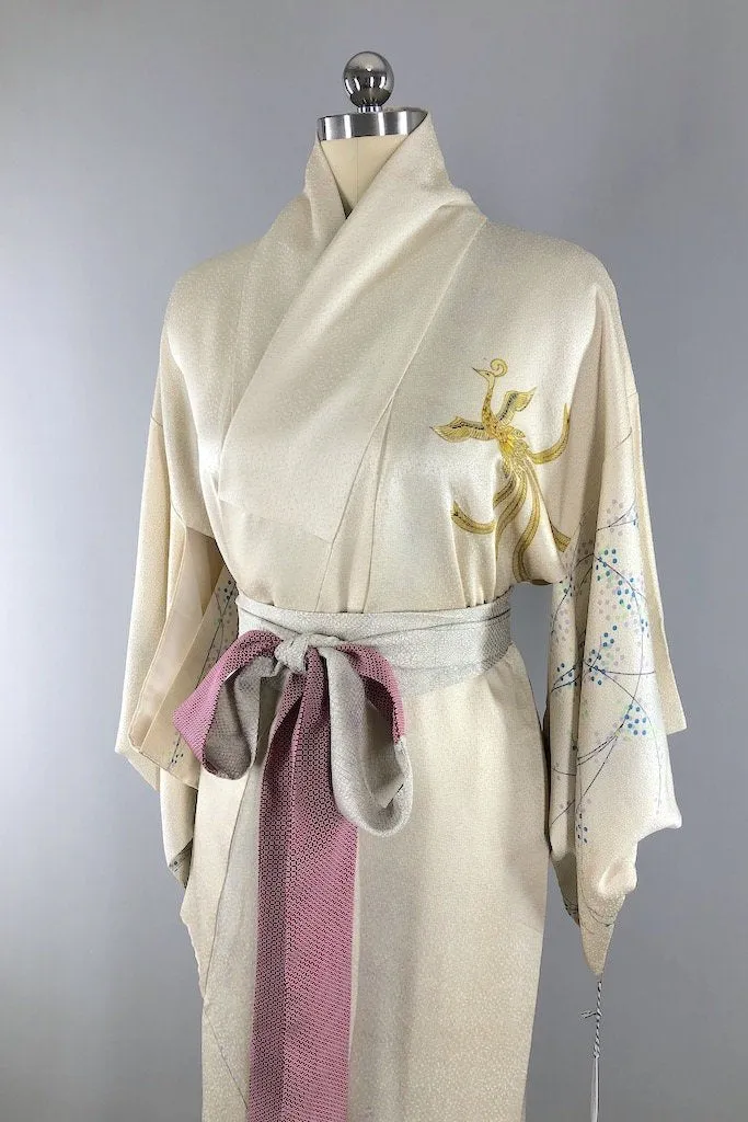 Vintage Ivory Embroidered Phoenix Silk Kimono