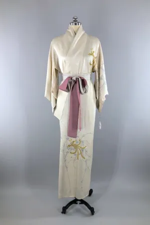 Vintage Ivory Embroidered Phoenix Silk Kimono