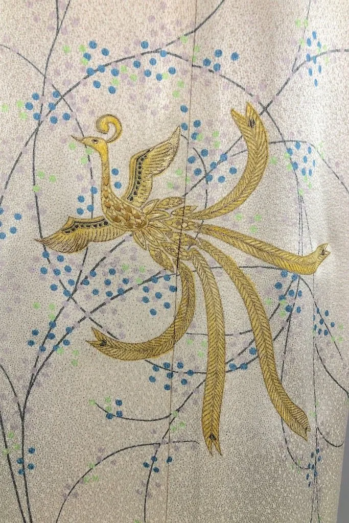 Vintage Ivory Embroidered Phoenix Silk Kimono