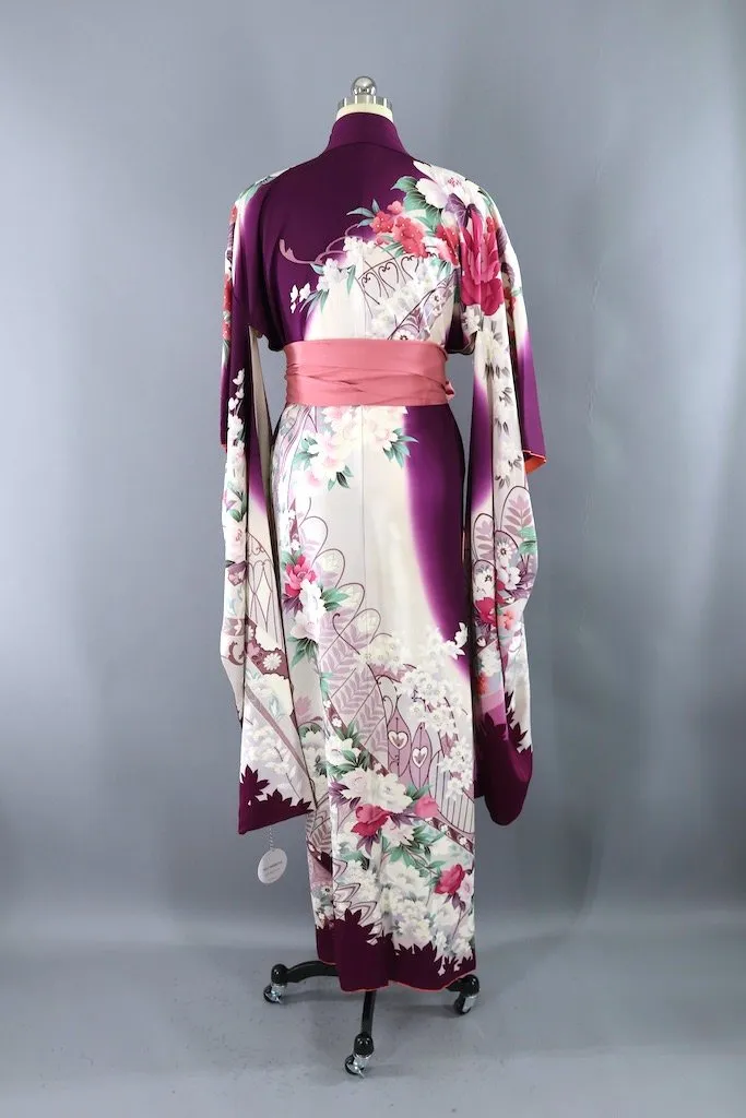 Vintage Purple Floral Furisode Kimono