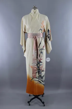 Vintage Silk Kimono Robe / Ivory and Orange Watercolor Floral