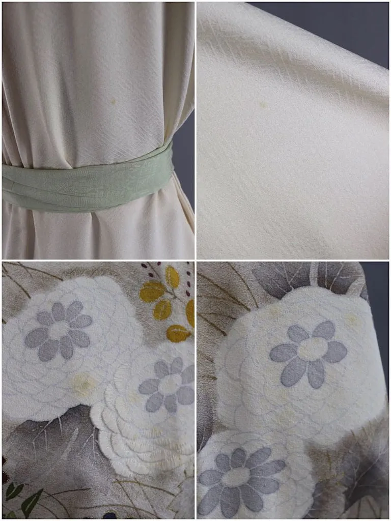 Vintage Silk Kimono Robe / Ivory Floral Print