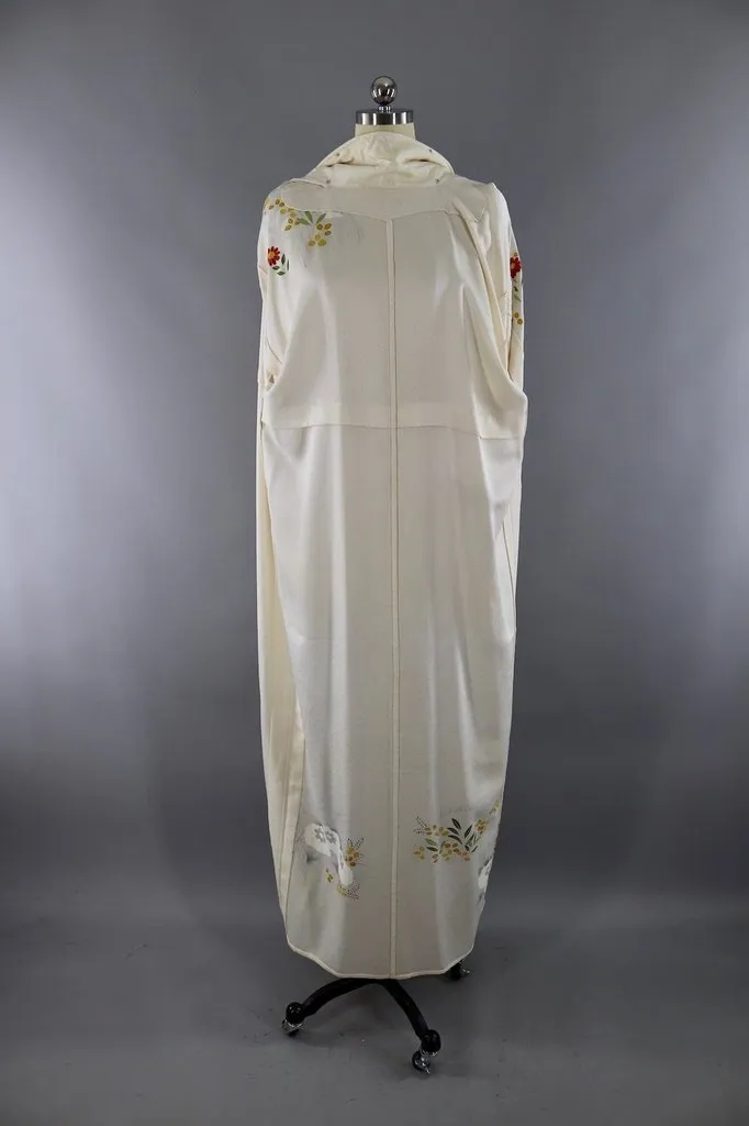 Vintage Silk Kimono Robe / Ivory Floral Print