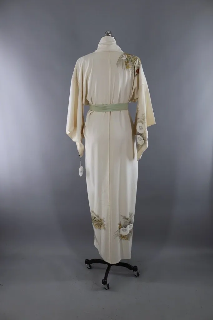 Vintage Silk Kimono Robe / Ivory Floral Print