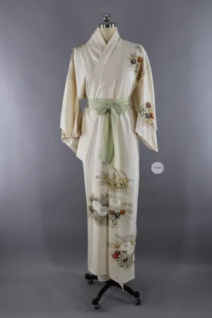 Vintage Silk Kimono Robe / Ivory Floral Print