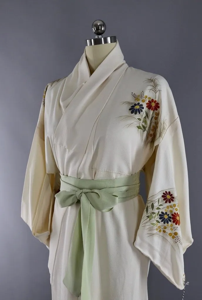 Vintage Silk Kimono Robe / Ivory Floral Print
