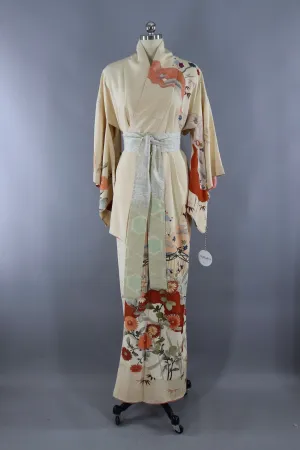 Vintage Silk Kimono Robe / Ivory Traditional Floral