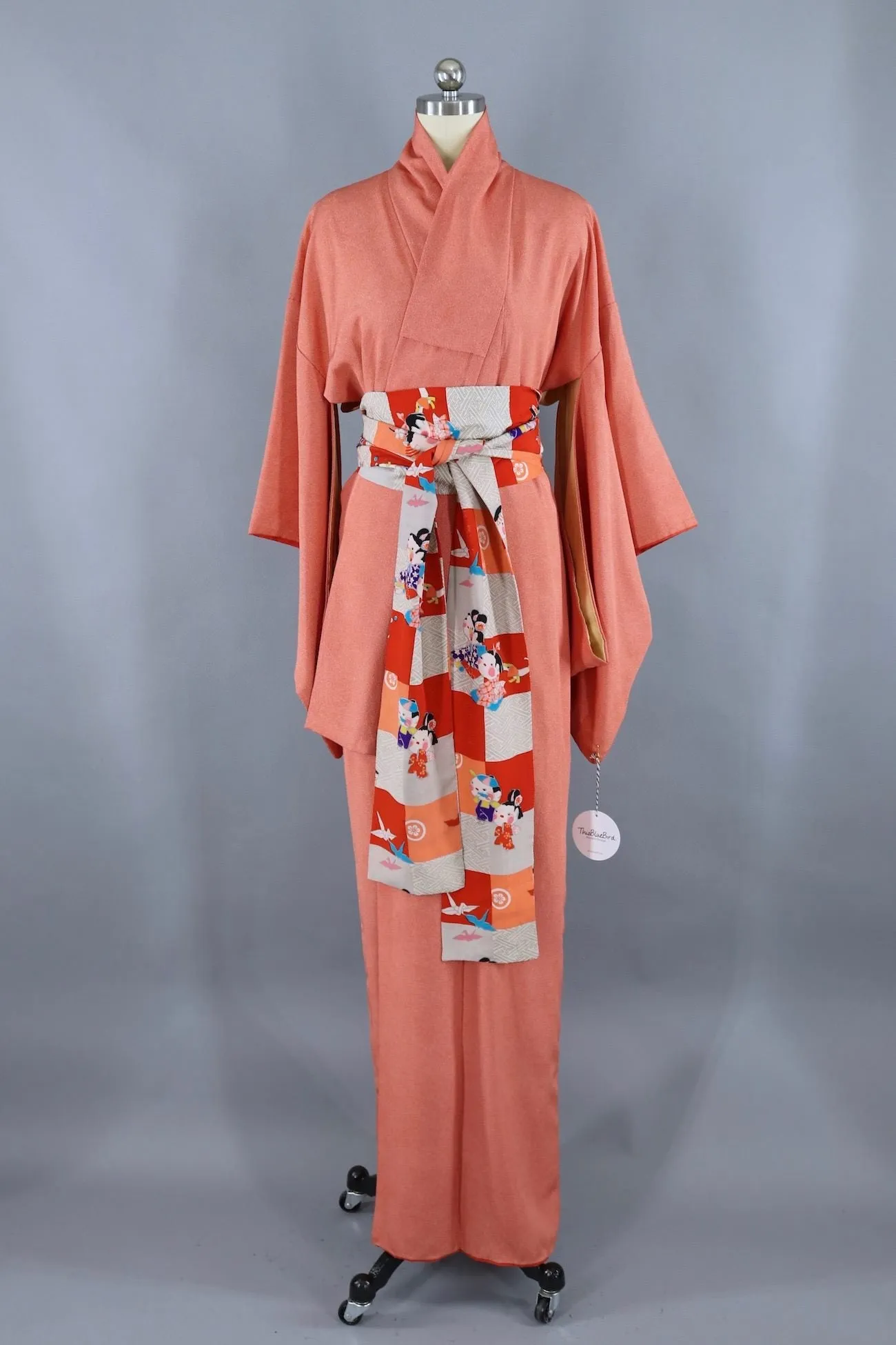 Vintage Silk Kimono Robe / Orange Micro Dots
