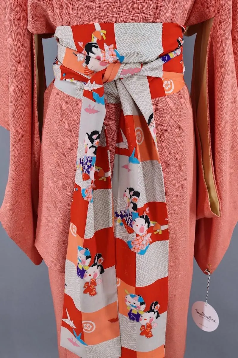 Vintage Silk Kimono Robe / Orange Micro Dots
