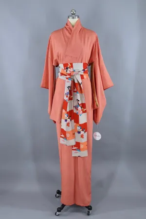 Vintage Silk Kimono Robe / Orange Micro Dots