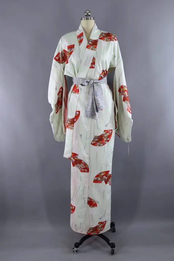 Vintage Silk Kimono Robe / Pastel Green and Red Fans
