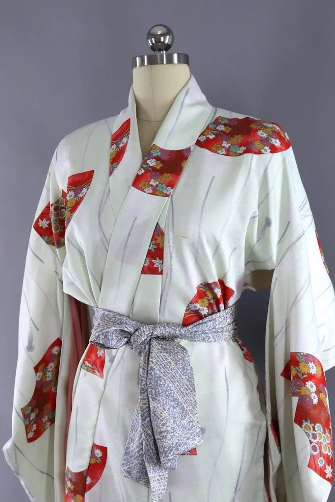Vintage Silk Kimono Robe / Pastel Green and Red Fans