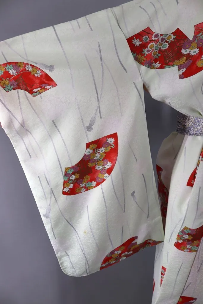 Vintage Silk Kimono Robe / Pastel Green and Red Fans