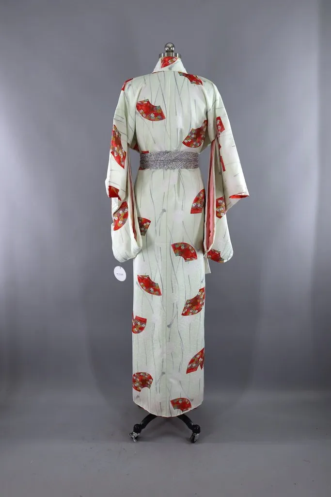 Vintage Silk Kimono Robe / Pastel Green and Red Fans