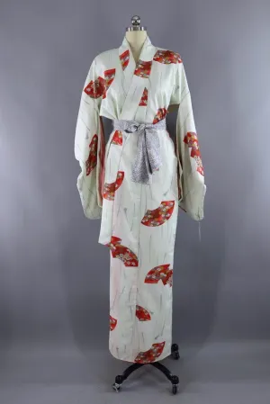 Vintage Silk Kimono Robe / Pastel Green and Red Fans