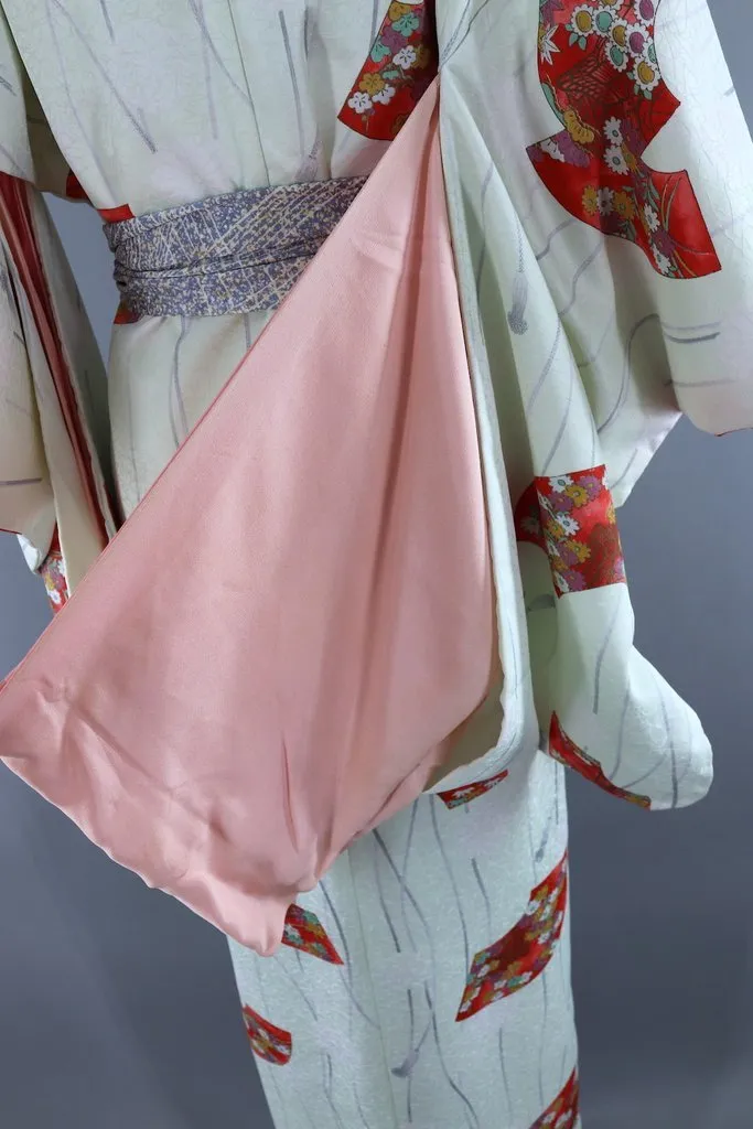 Vintage Silk Kimono Robe / Pastel Green and Red Fans