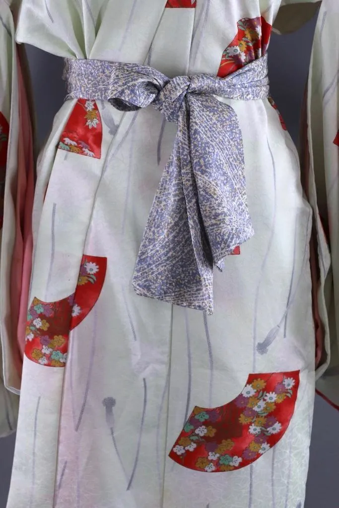 Vintage Silk Kimono Robe / Pastel Green and Red Fans