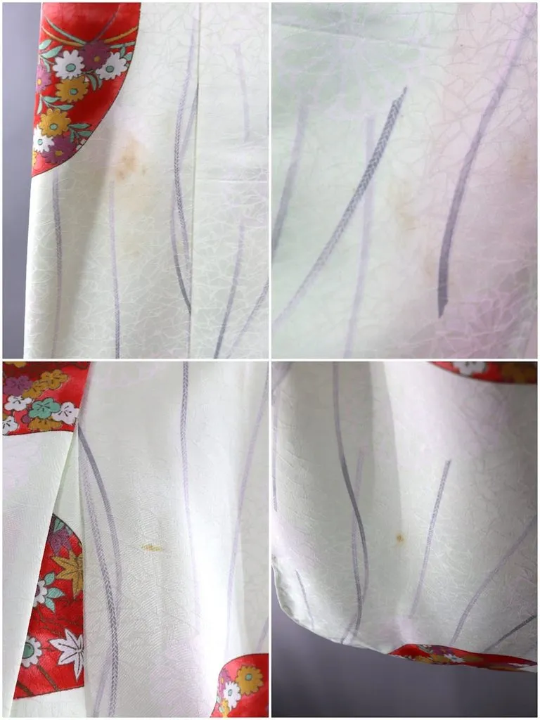 Vintage Silk Kimono Robe / Pastel Green and Red Fans