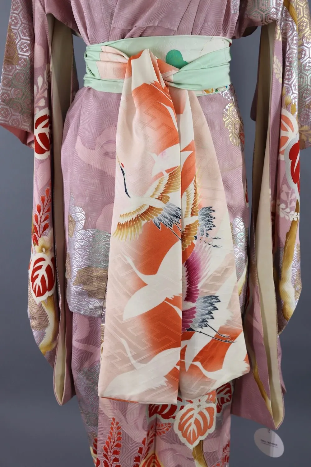 Vintage Silk Kimono Robe / Pastel Orchid and Silver Floral
