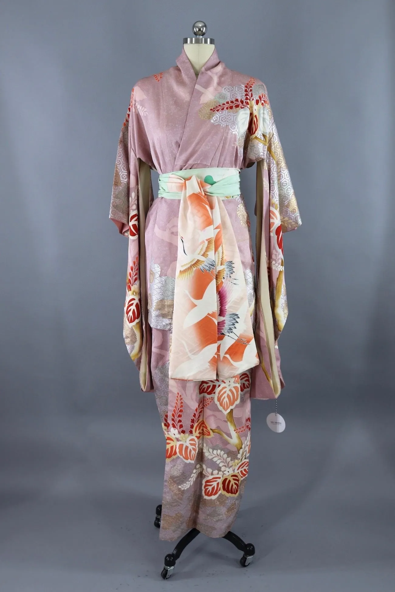 Vintage Silk Kimono Robe / Pastel Orchid and Silver Floral