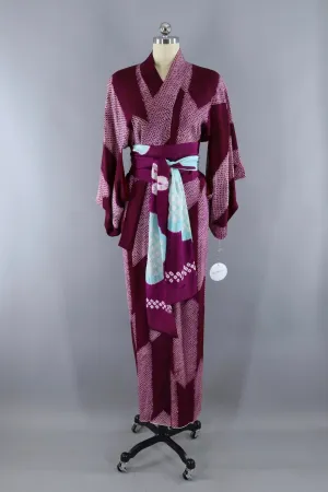 Vintage Silk Kimono Robe / Purple and White Shibori