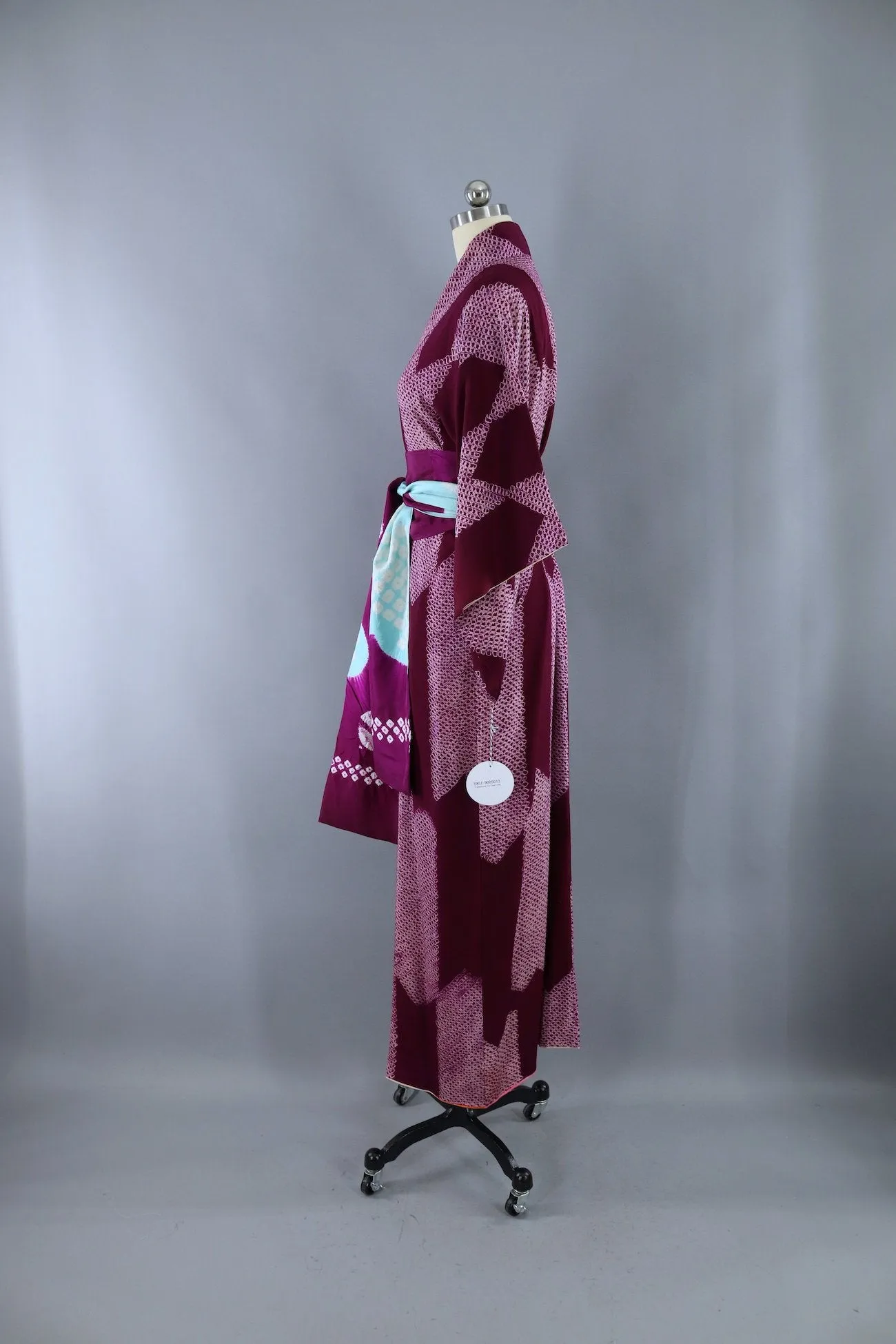 Vintage Silk Kimono Robe / Purple and White Shibori