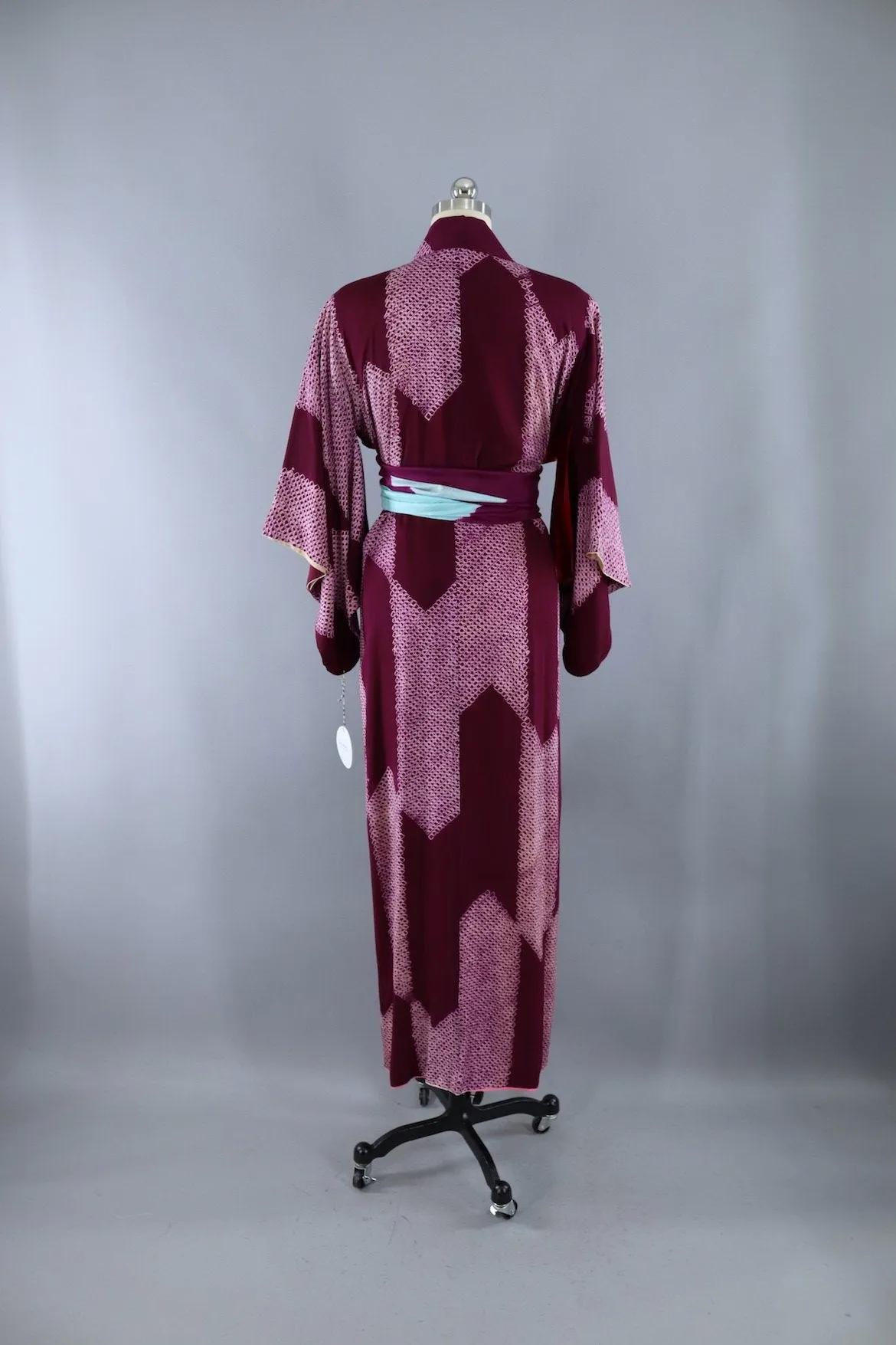 Vintage Silk Kimono Robe / Purple and White Shibori
