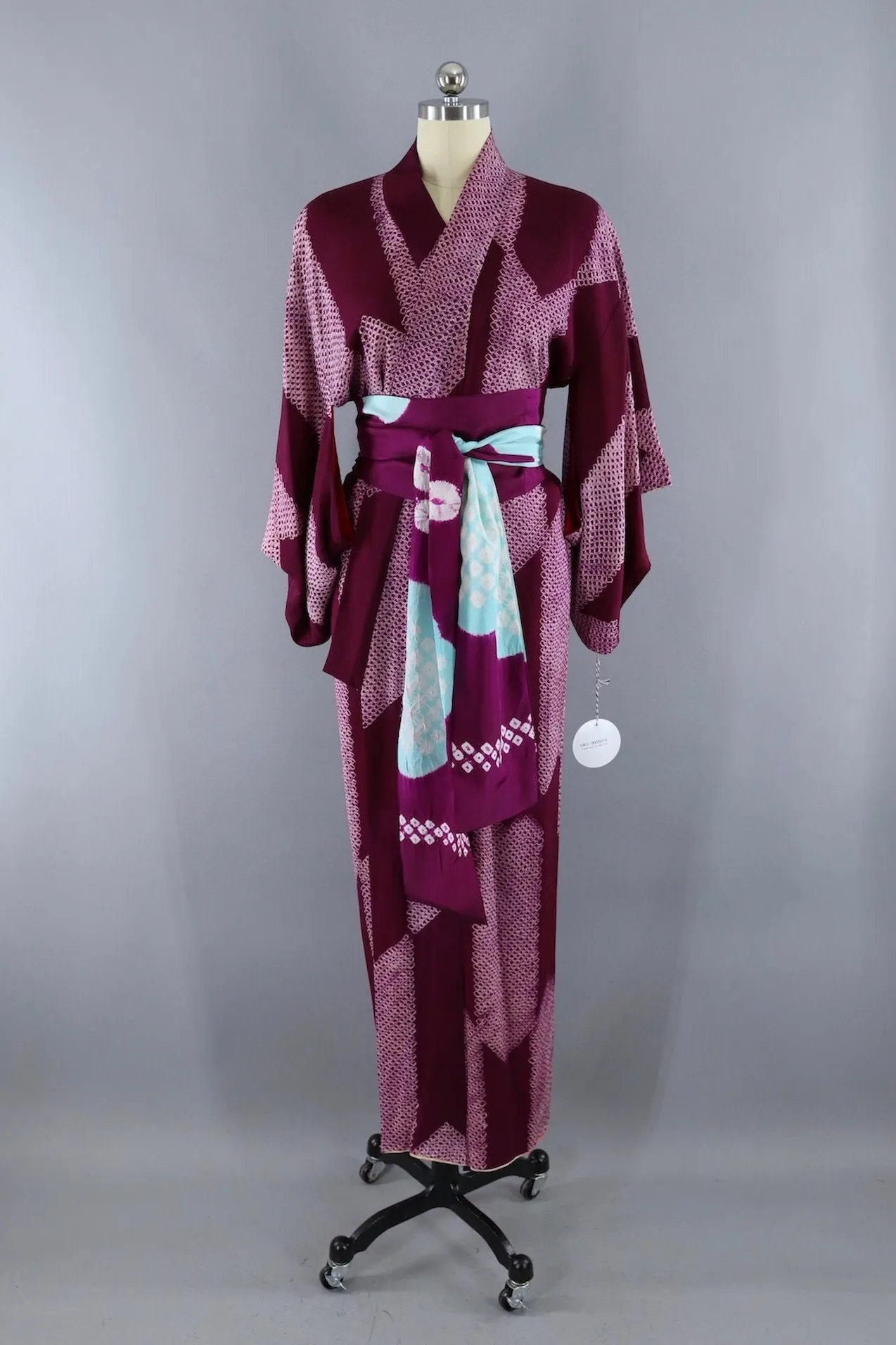 Vintage Silk Kimono Robe / Purple and White Shibori